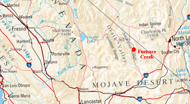Carte du trajet de Furnace Creek (Vall&eacute;e de la Mort) &agrave; Bakersfield