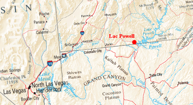 Carte du trajet du Lac Powell &agrave; Bryce Canyon
