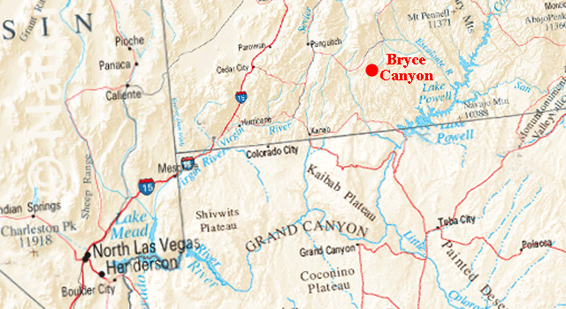 Carte du trajet de Bryce Canyon &agrave; Las Vegas