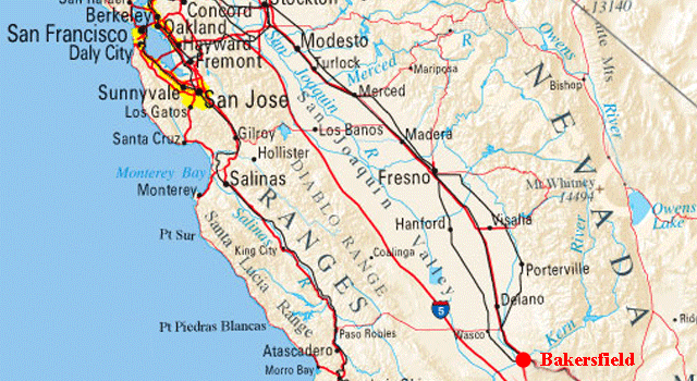 Carte du trajet de Bakersfield &agrave; Yosemite Park